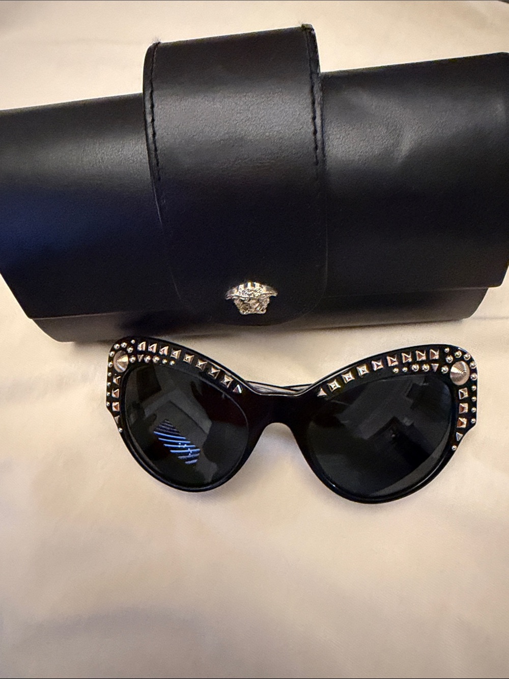 Black Studded Cat-Eye Sunglasses with Case
